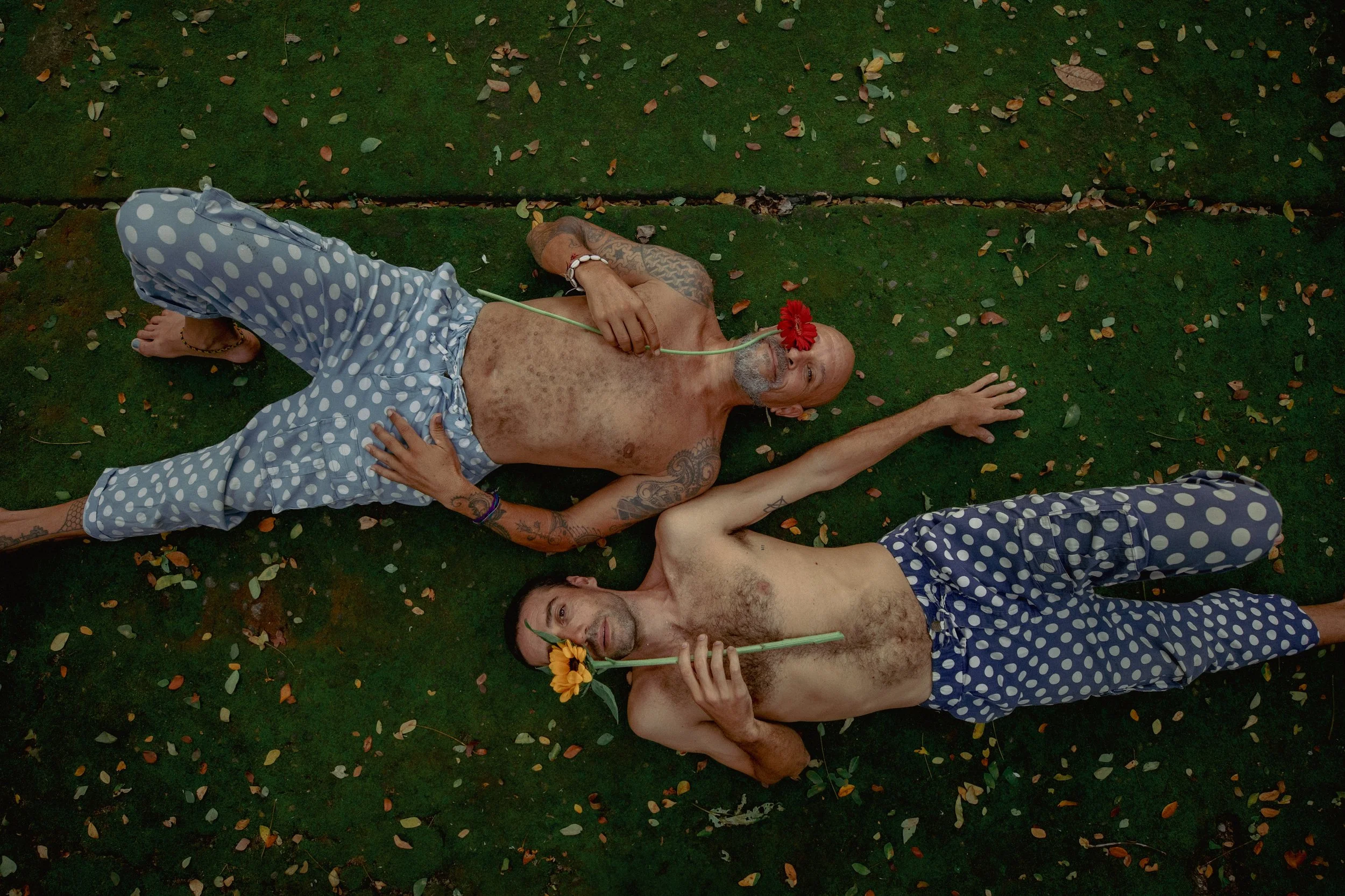 Two shirtless men with tattoos lying on grass, holding flowers, with one man holding a red flower in his mouth and the other holding a yellow flower.