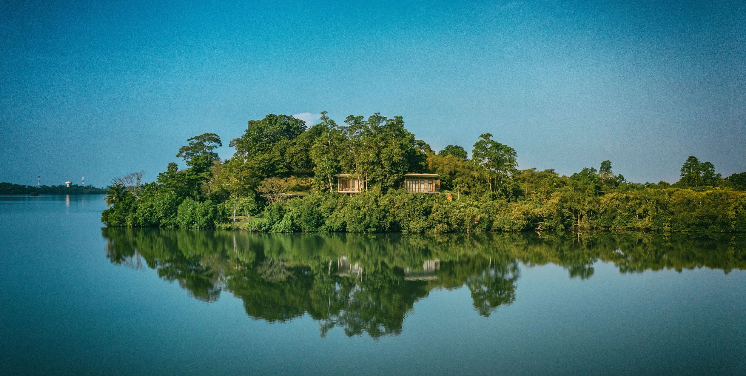 A lush, green hillside covered in trees next to a calm body of water with a clear blue sky overhead, and reflections of the trees in the water.