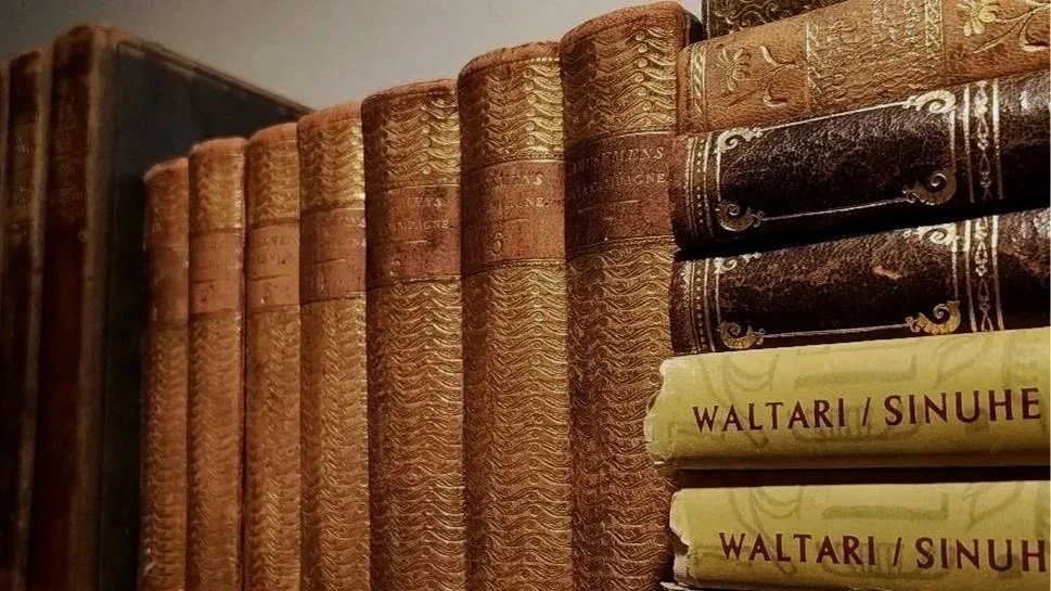 A row of old hardcover books on a shelf, with some books having decorative gold embossing, and a few yellow books labeled 'WALTARI / SINUHE' in the foreground.