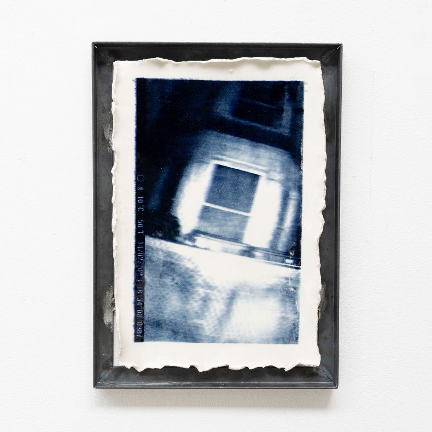 Kilburn Highroad 14/02/2023 18:34 — Screen print on Porcelain, stain, cobalt, glaze, steel frame, Taken with an animal tracking camera