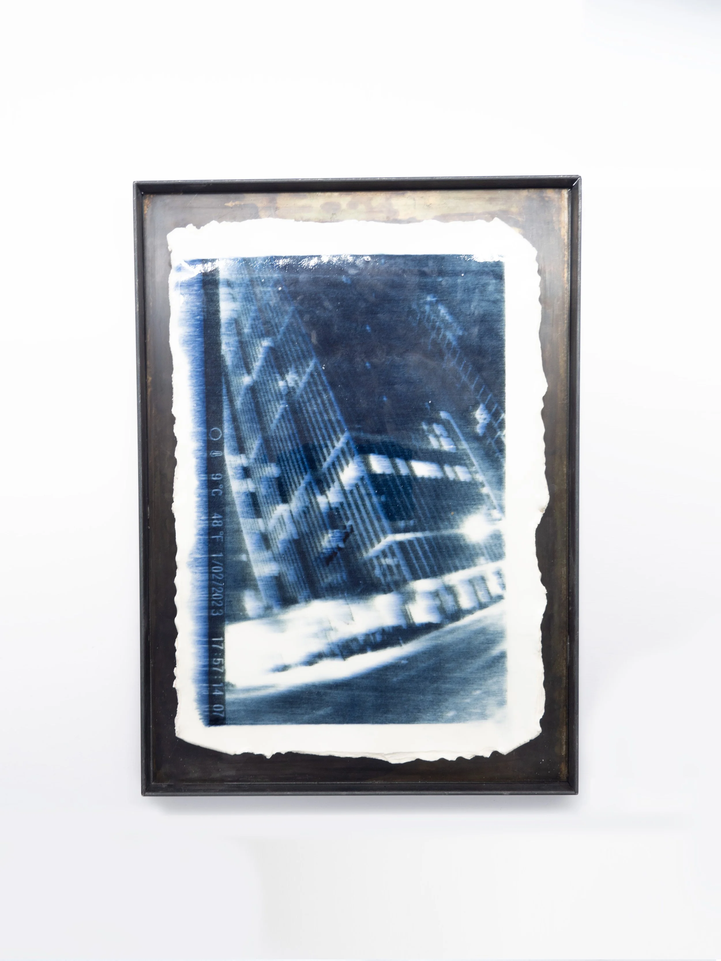 Where Vauxhall meets Nine Elms. 01/02/2023 17:57 Screen printed stain and underglaze on porcelain, Glaze, steel