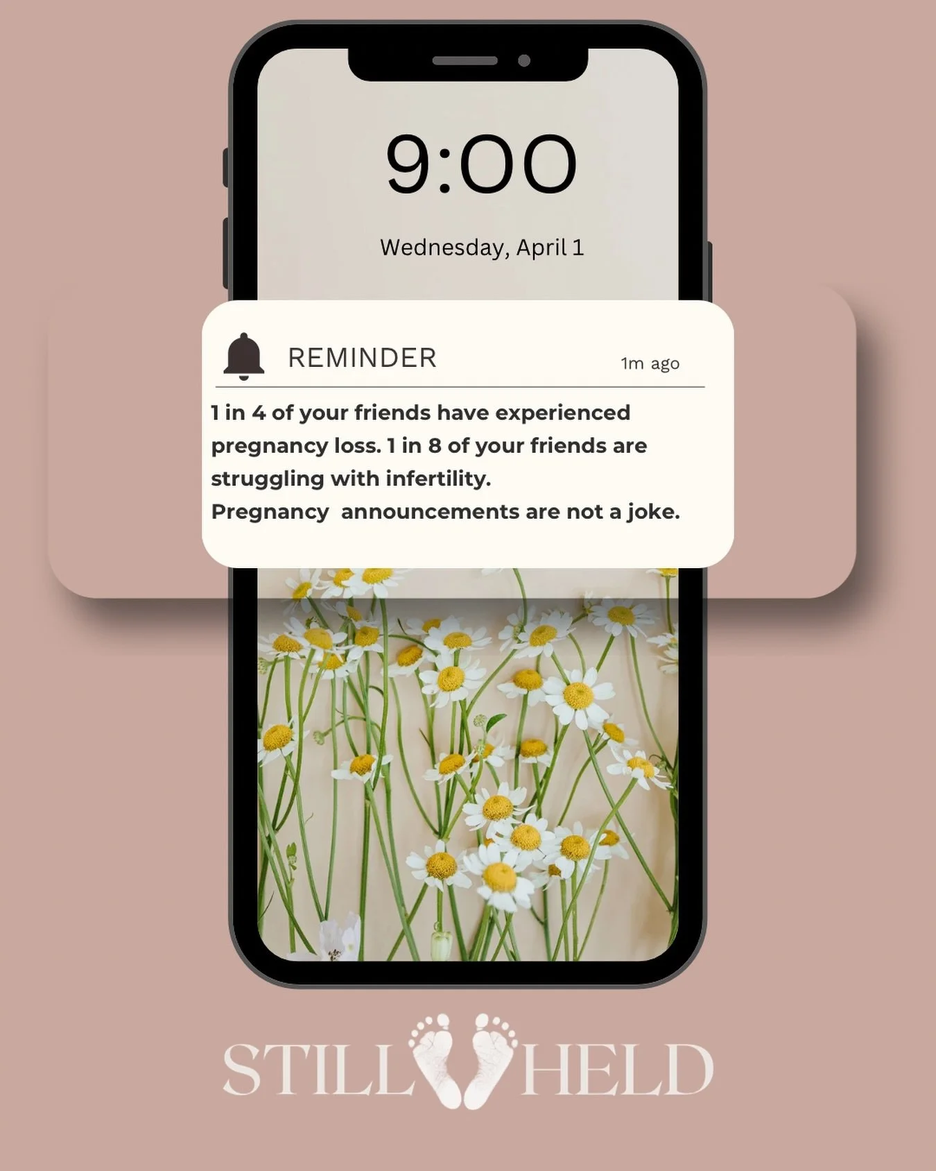 PSA for tomorrow: 

Before you post that April Fools&rsquo; pregnancy announcement&hellip;

1 in 4 of your friends has experienced pregnancy loss.
1 in 8 is facing infertility.

Pregnancy is not a joke.

What feels funny to one person
can be deeply p