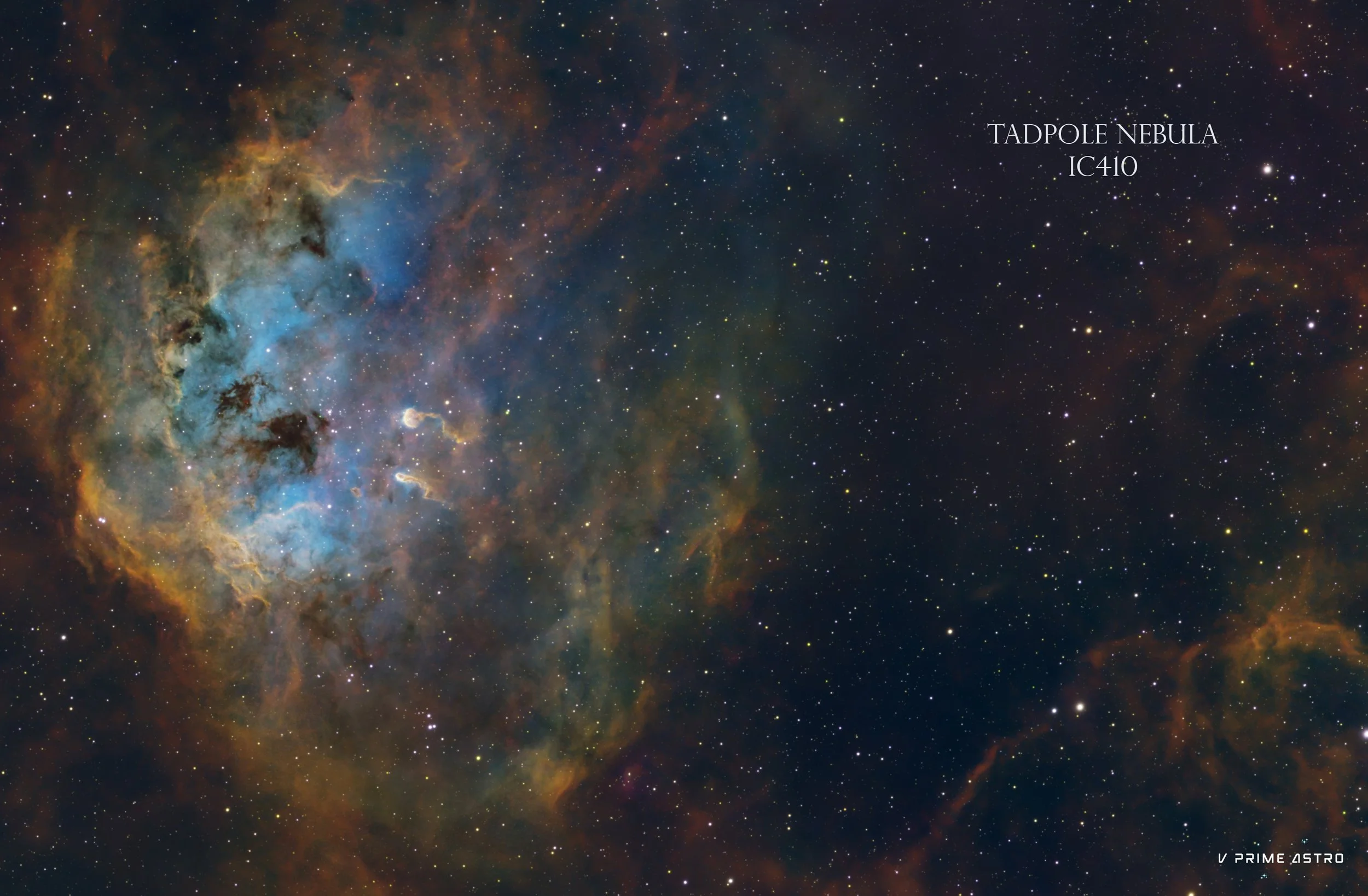 Panoramic view of the Tadpole Nebula (IC 410), a colorful star-forming region in space with bright blue, green, and orange hues and numerous stars scattered across the dark background.