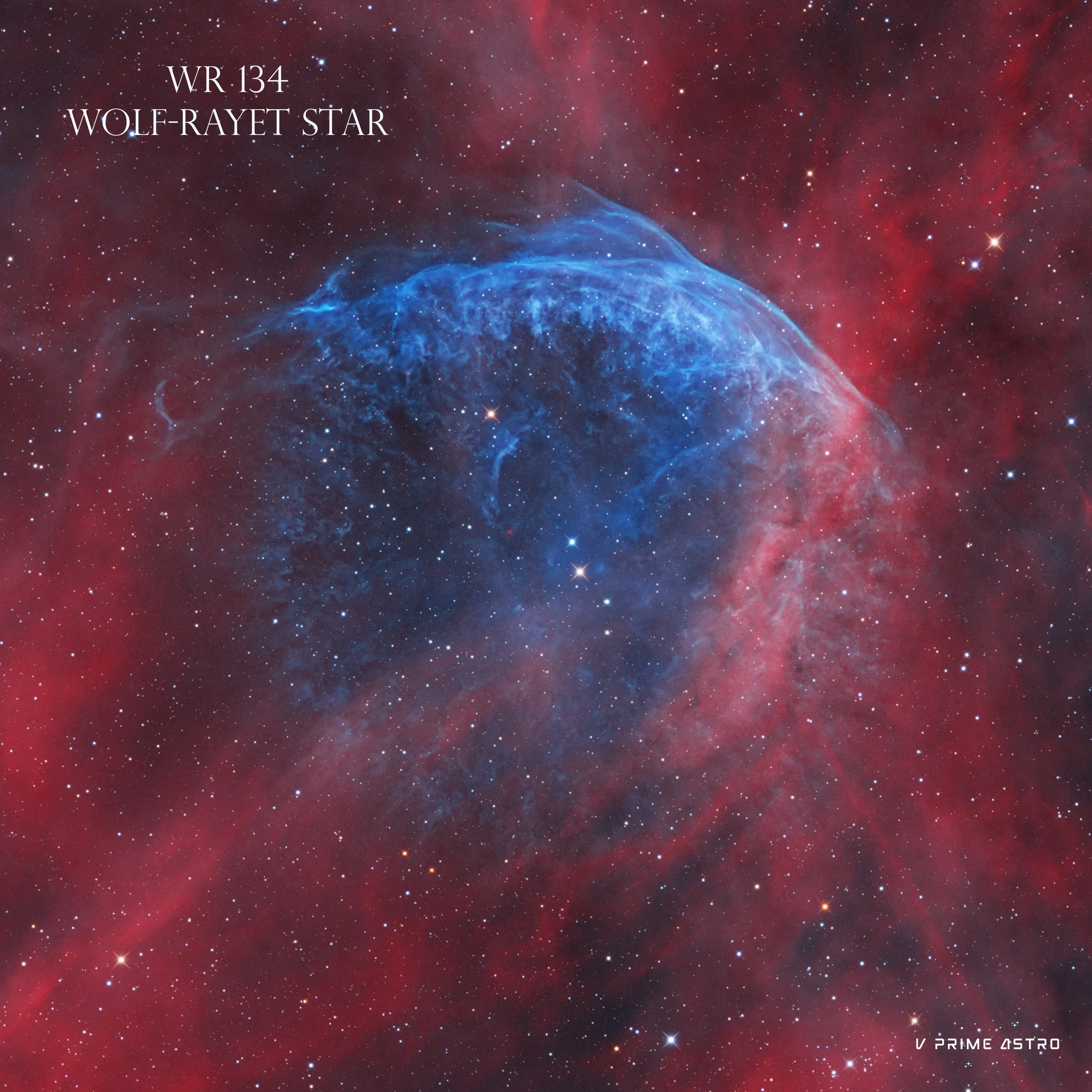 Explore a high-resolution deep sky astrophotography image of WR 134, a massive Wolf-Rayet star in Cygnus surrounded by faint Oiii and hydrogen-alpha nebula structure, captured over 32.5 hours under suburban skies