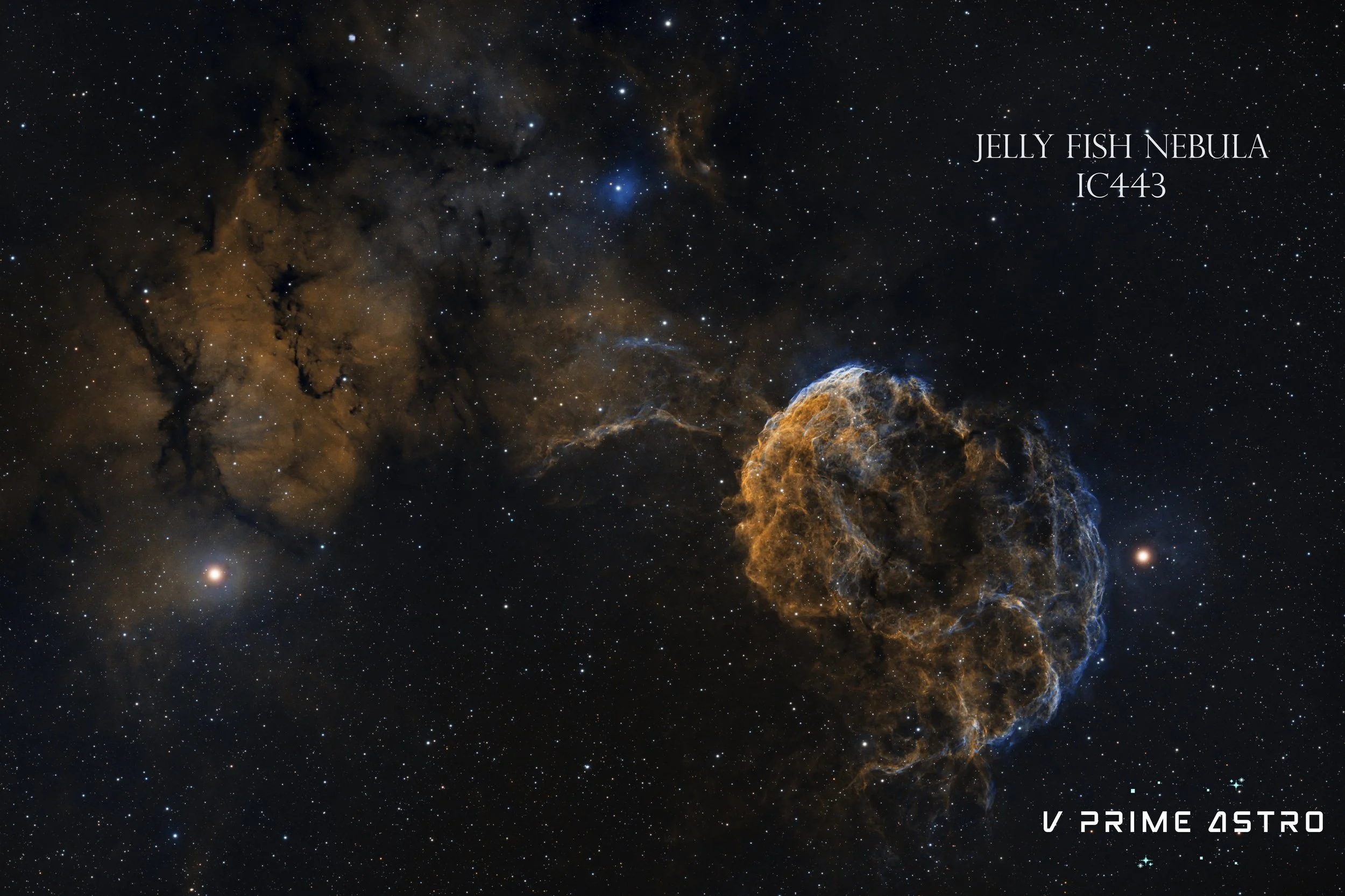 A space scene featuring the Jelly Fish Nebula (IC 443) with stars and cosmic clouds. 