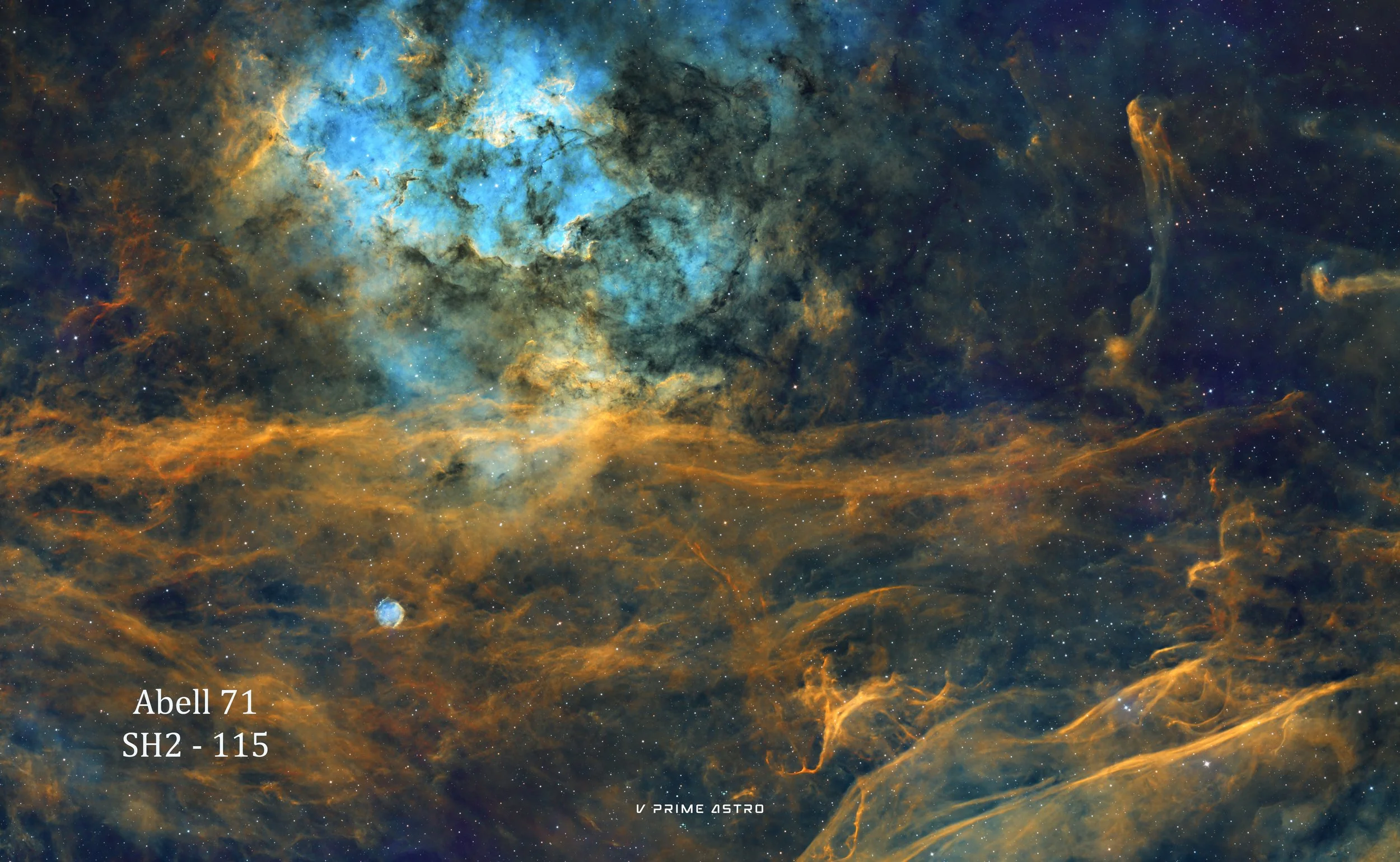 A colorful image capturing a nebula in outer space, with blue, black, and orange clouds of gas and dust, numerous small stars scattered throughout, and some text overlay at the bottom left corner providing technical details.