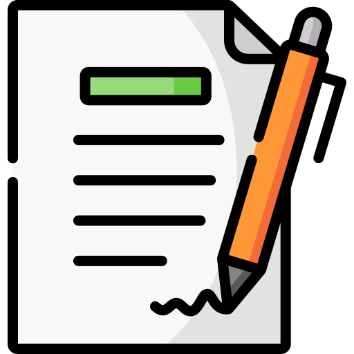 Illustration of a document with lines of text, a green header, and an orange pen signing at the bottom.