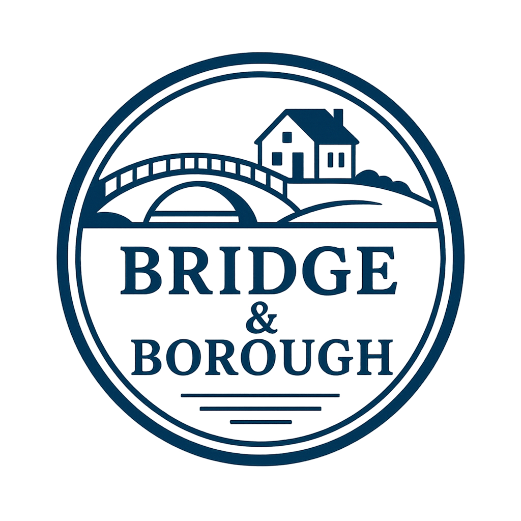 Badge with a bridge, house, and landscape, and the text 'BRIDGE & BOROUGH' in the center.