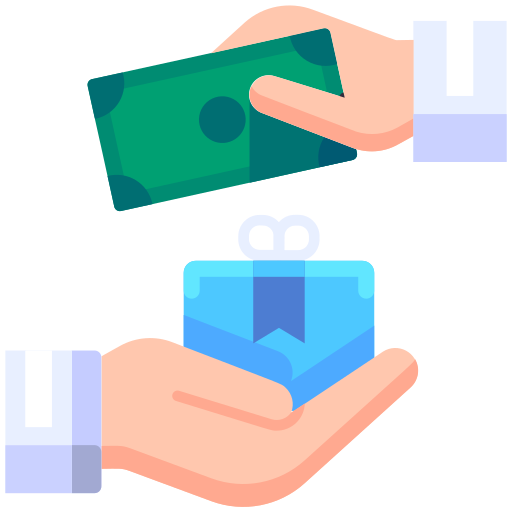 Hand giving money to another hand holding a gift box.