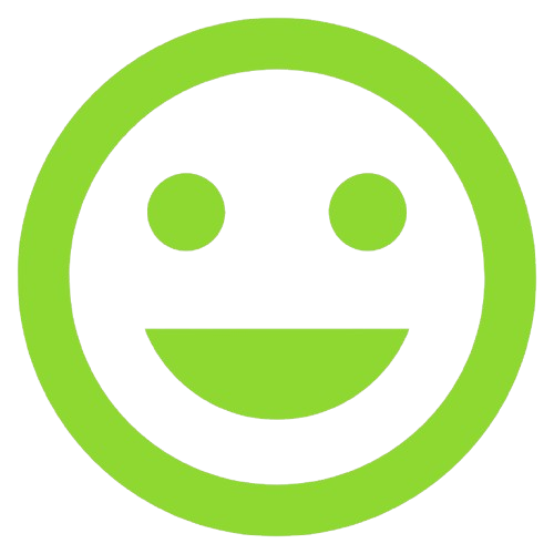 Green smiling face icon with a circle outline, eyes, and a broad smile.