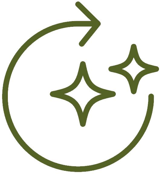 A circular arrow with sparkles inside, indicating a clean lifecycle.