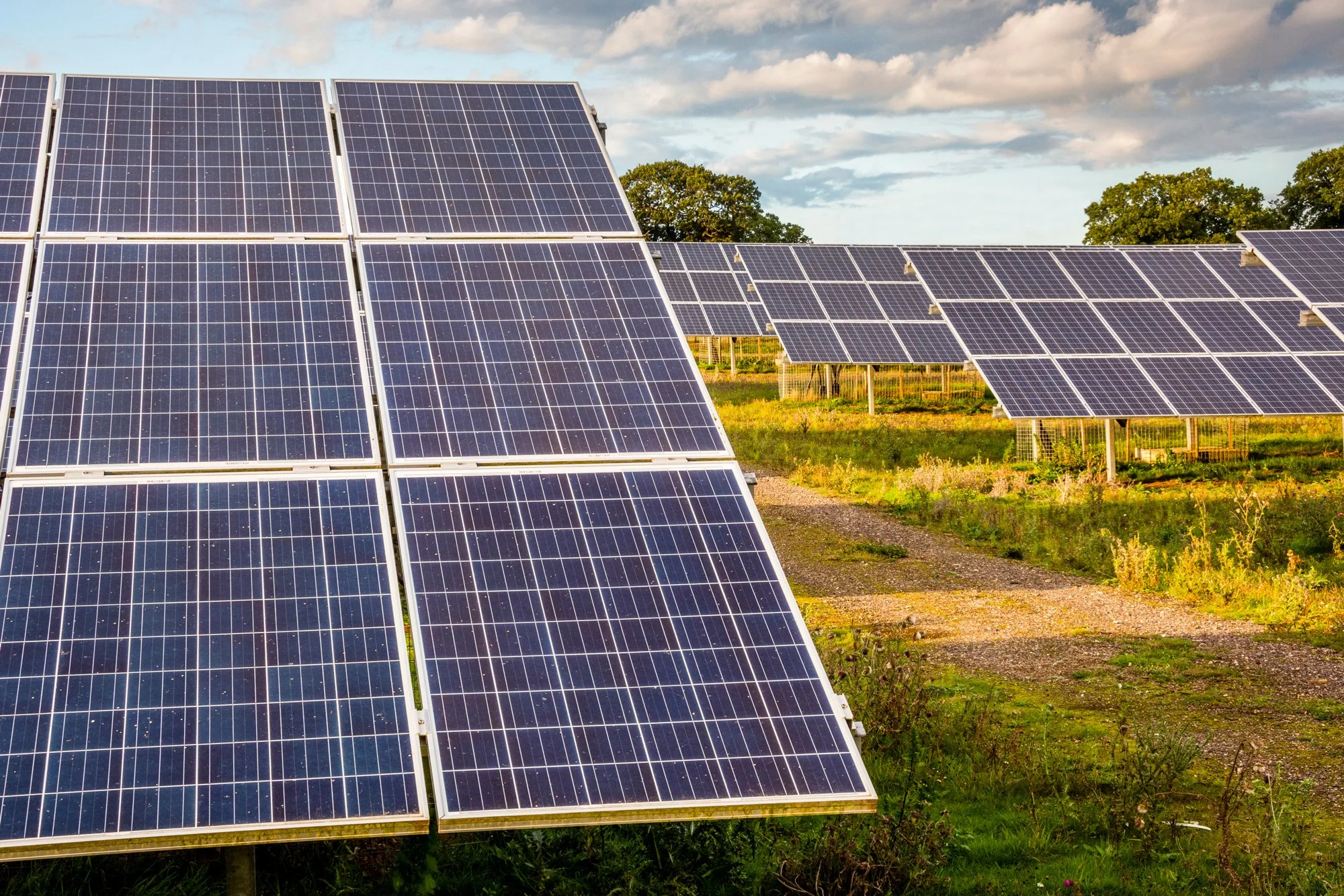 Multiple rows of solar panels installed in an open field under a partly cloudy sky during daylight.