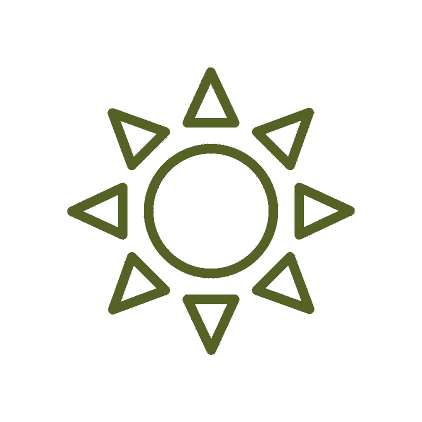 Minimalist line drawing of a sun with a central circle and eight triangular rays around it, in olive green.