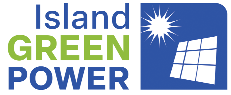 Logo for Island Green Power featuring a sun, a panel, and text in green and blue.
