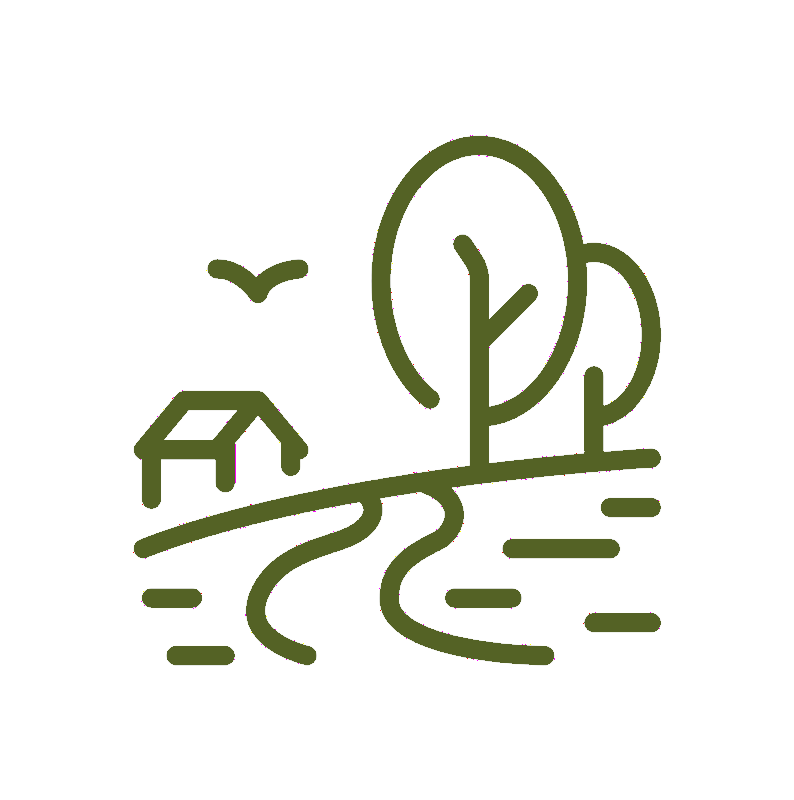 Minimalist line drawing of a rural landscape with a winding path, trees, a small house, and a bird flying in the sky.