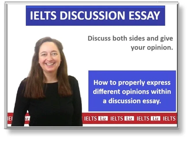 A woman with long brown hair wearing a black top standing in front of a presentation slide about IELTS discussion essays. The slide has a blue header that reads 'IELTS DISCUSSION ESSAY,' and instructs to discuss both sides, give opinions, and explains how to express different opinions in a discussion essay. The slide also features a red and white border at the bottom with the word 'IELTS' repeated.