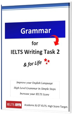 Cover of a book titled 'Grammar for IELTS Writing Task 2 & for Life', with a subtitle about improving English and high-level grammar, published by IELTS Liz.