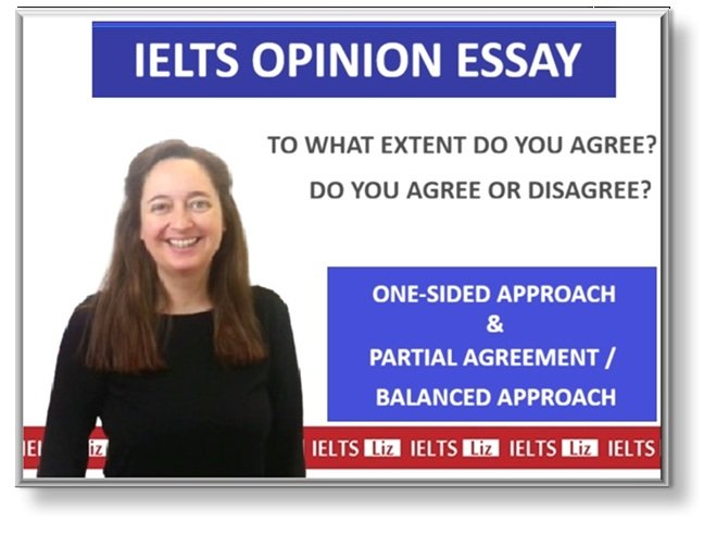 A woman with long brown hair and a black top smiling in front of a presentation slide about IELTS opinion essays, with text discussing agreement and approach options.