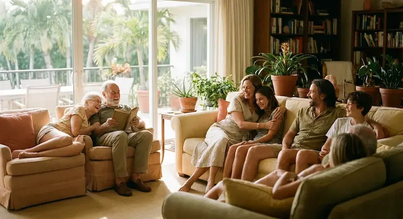a multi-generational family comfortably gathered in the bright living room of their Miami home after avoid probate (1).webp