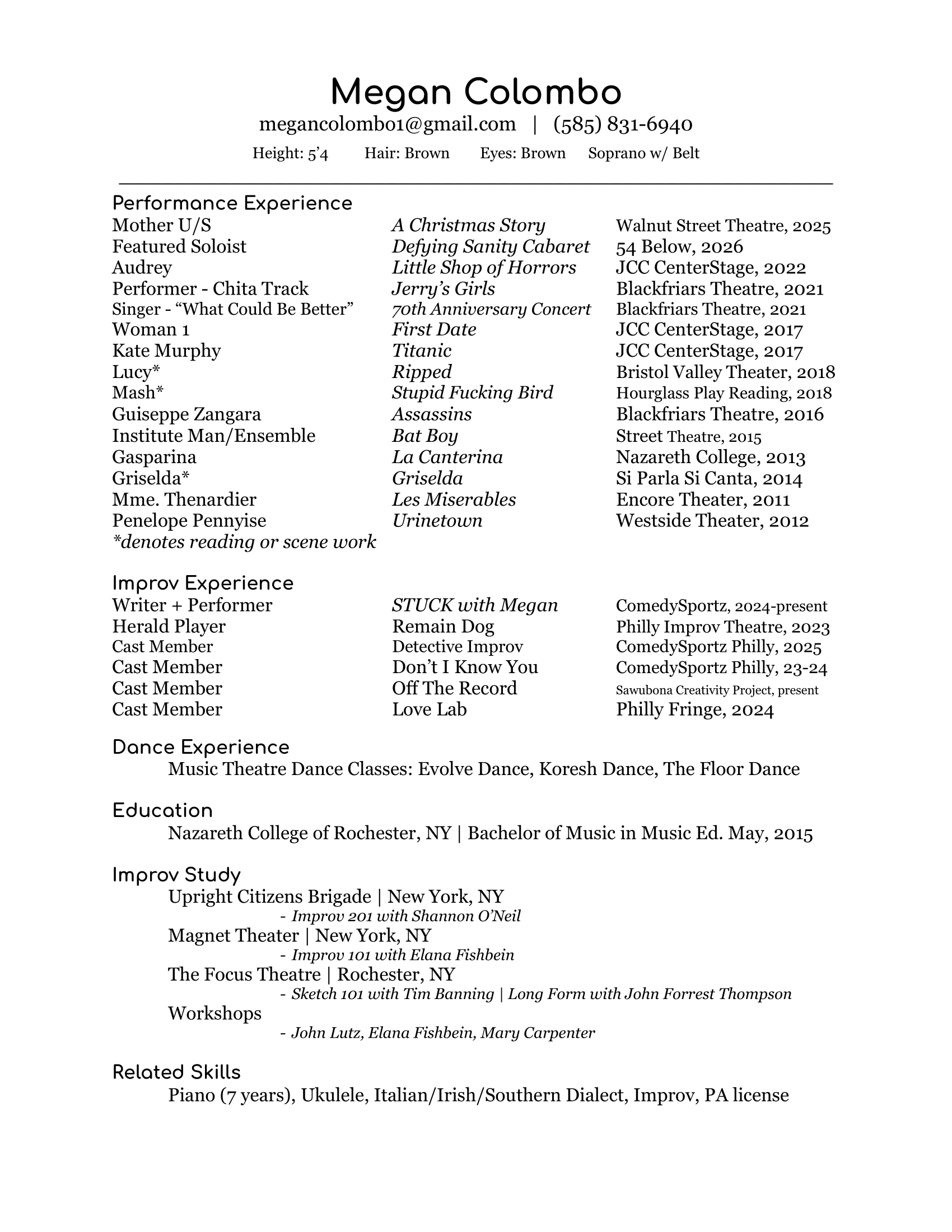 Resume for Megan Colombo listing performance, improv, dance experiences, education, related skills, and contact information.