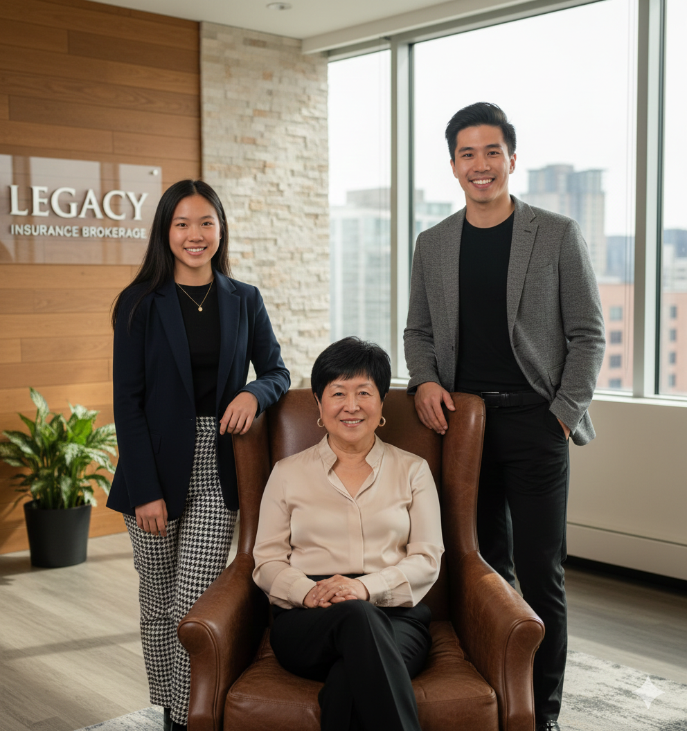 Four professionally dressed individuals posed in an office with a sign that reads "LEGACY INSURANCE BROKERAGE". One woman is seated in a brown leather armchair, flanked by a woman and a man standing beside her, all smiling at the camera.