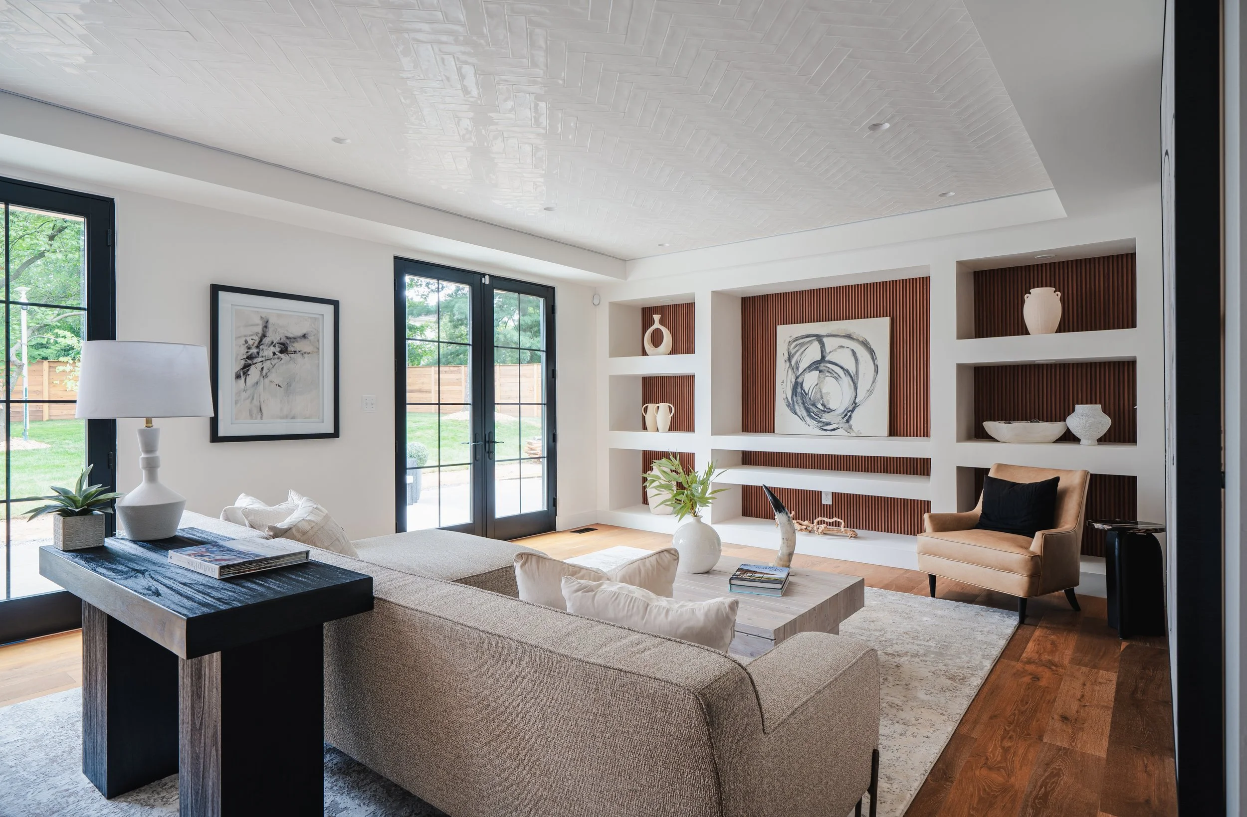 560 sq ft herringbone ceramic ceiling — Artisan Oyster-polished