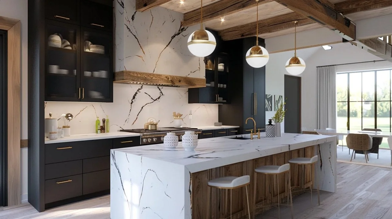 Modern kitchen with black cabinets and white marble countertops, featuring a marble island with wood accents, gold fixtures, and three pendant lights. A dining area with a large window in the background.