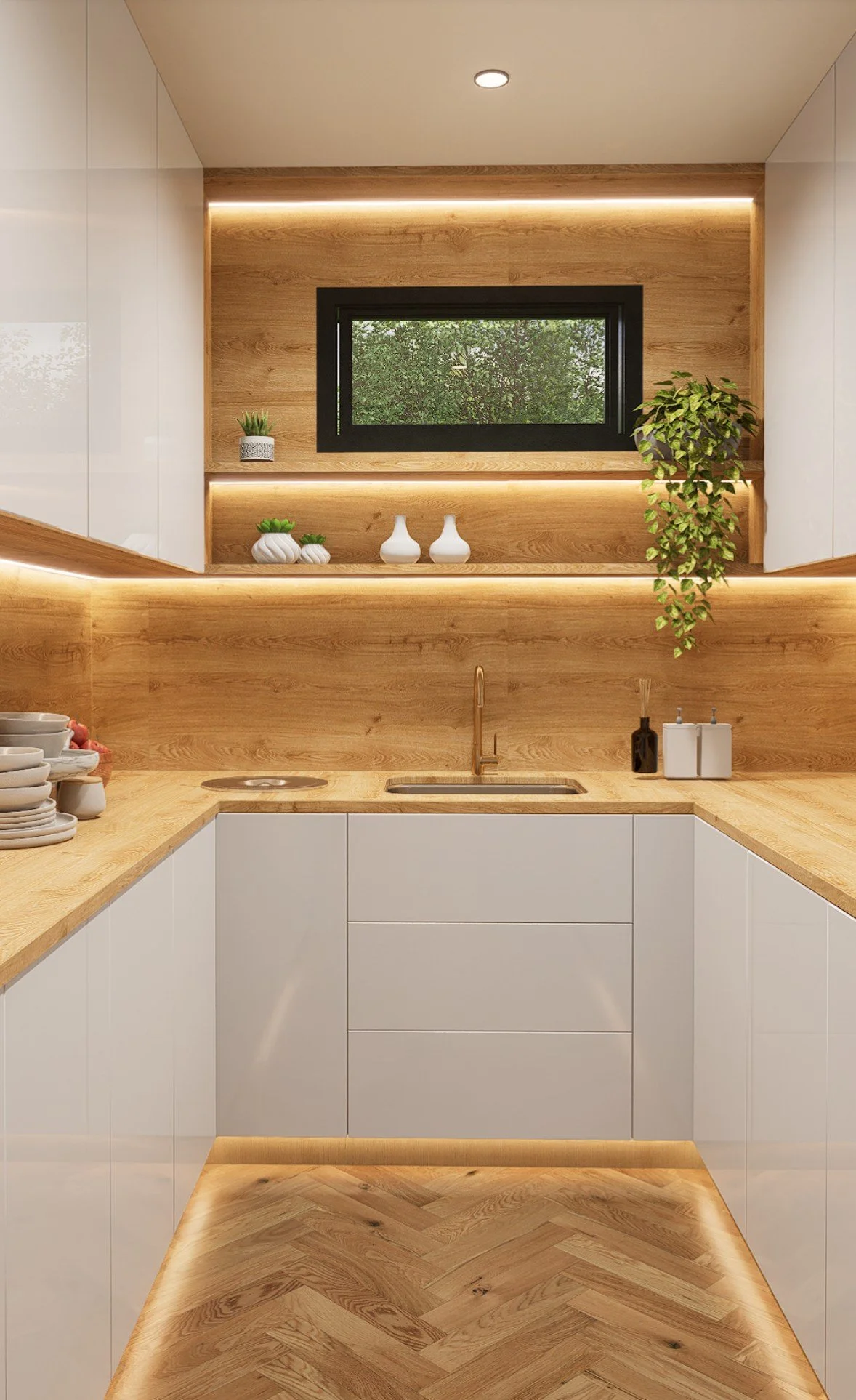 Butler Pantry with white acrylic floor-to-ceiling cabinetry, white oak herringbone flooring custom butcher block countertops and backsplashes with LED lighting throughout.