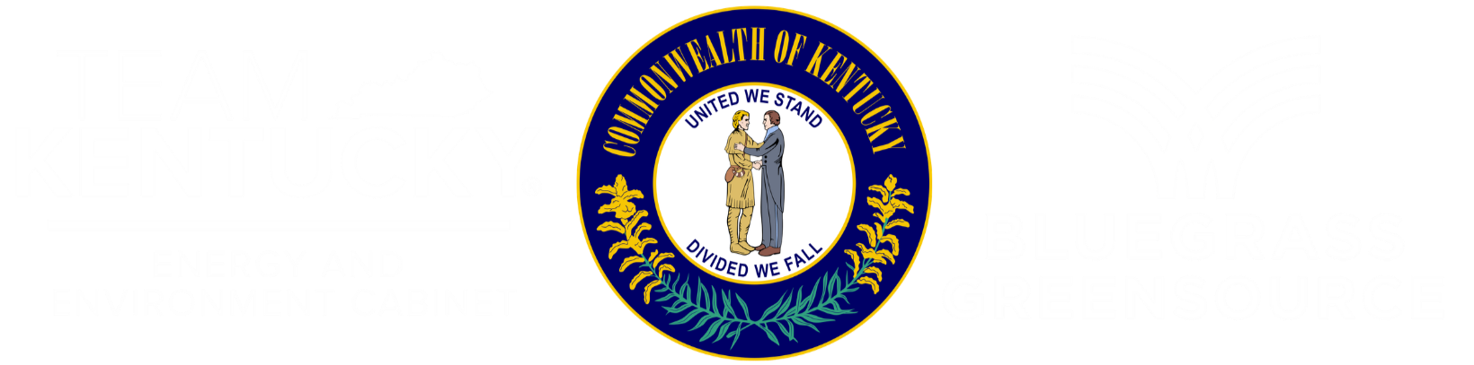White Team Kentucky Energy and Environment cabinet logo next to the full-color Commonwealth of Kentucky seal and the white Bluegrass Greensource logo.