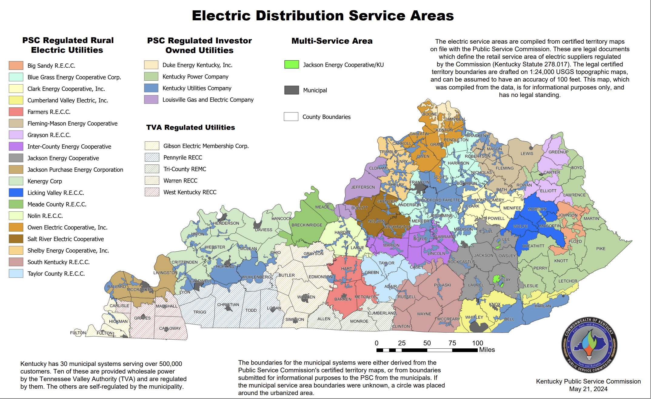A detailed map of Kentucky showing various electricity service areas, color-coded by utility providers and service types, with a legend explaining each color and service area.