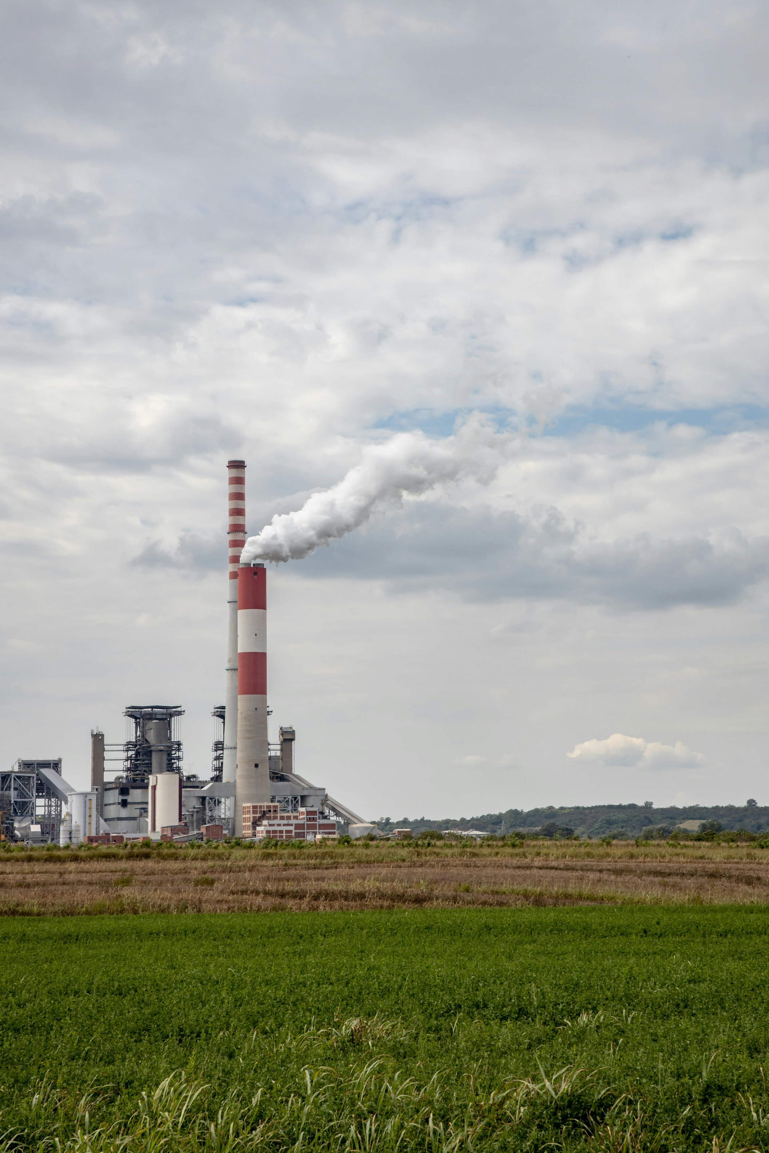 A coal factory operating in the middle of a green field.