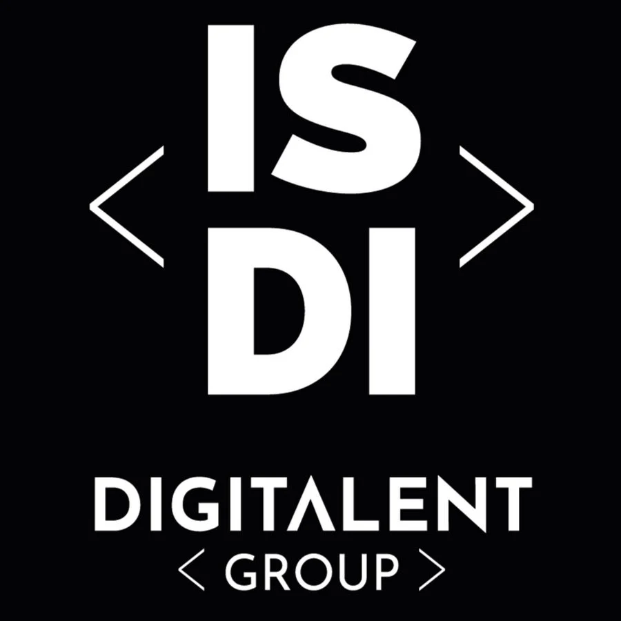 Logotipo de ISDI blacon sobre fondo negro. Escuela digital.