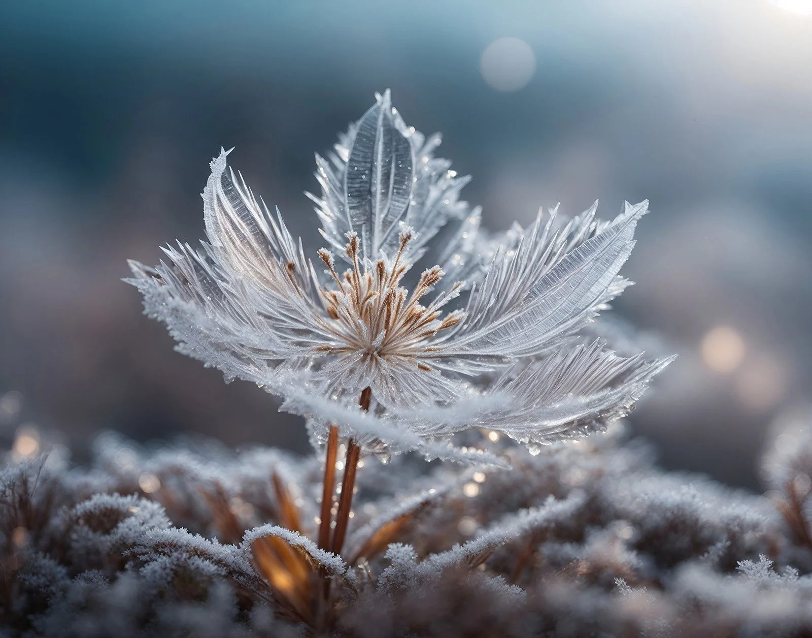 Eisblumen auf einer Pflanze mit frosty Blättern und Staub, aufgenommen bei Sonnenlicht im Winter.