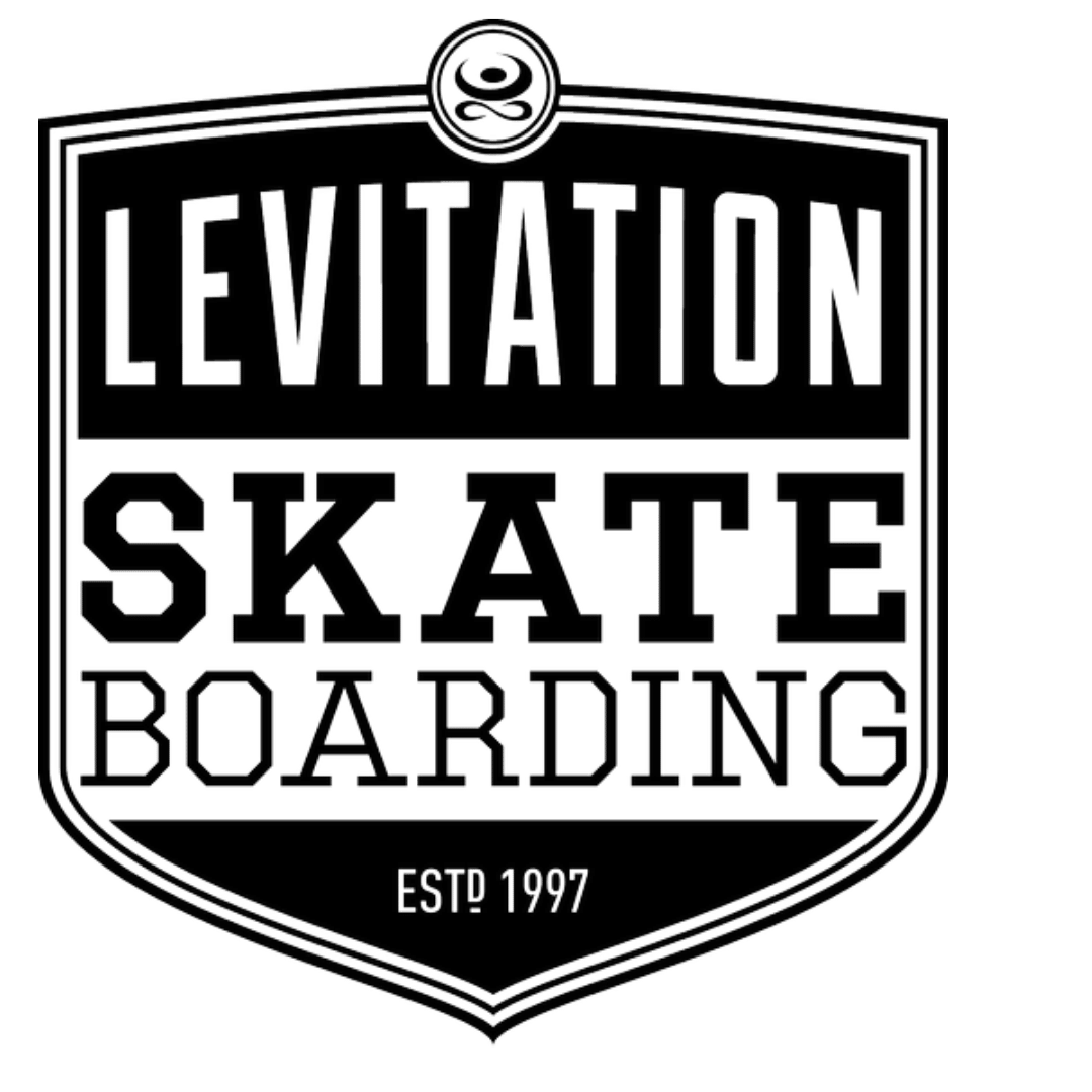 Logo de skate avec le texte 'LEVIATION SKATE BOARDING', une date 'EST 1997' et un graphique en haut.