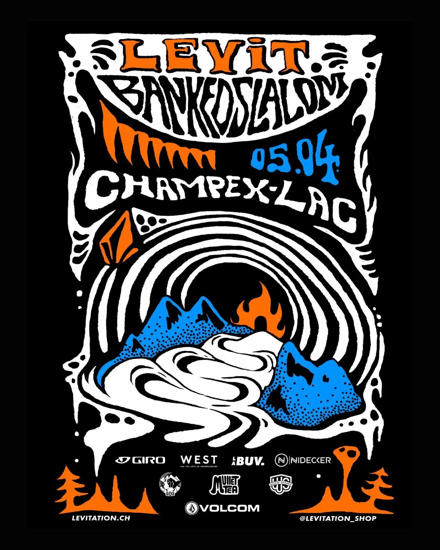Affiche promotionnelle pour un événement de snowboard, avec date 05.04, lieu Champex-Lac, illustrée avec montagnes, feu, logo de sponsors, et éléments graphiques orange, blanc, bleu et noir.