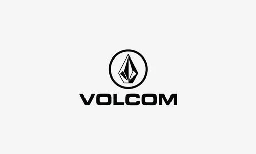 Logo de la marque Volcom avec symbole en forme de pierre stylisée au-dessus du nom.