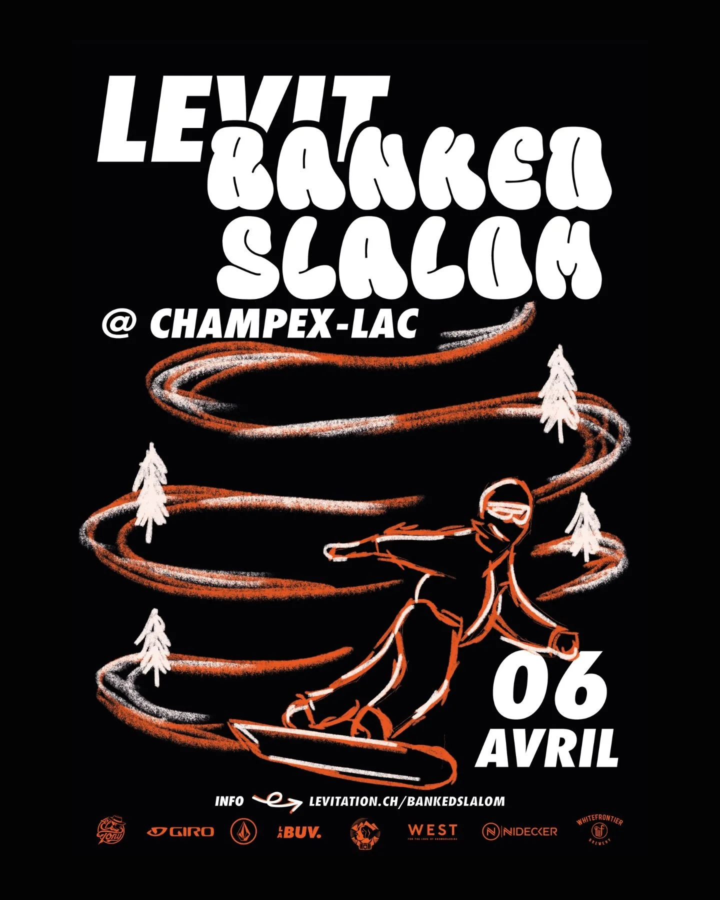 Affiche promotionnelle pour une compétition de banked slalom au Champax-Lac le 6 avril, avec une illustration d'un skieur ou snowboardeur, et des arbres, sur fond noir.