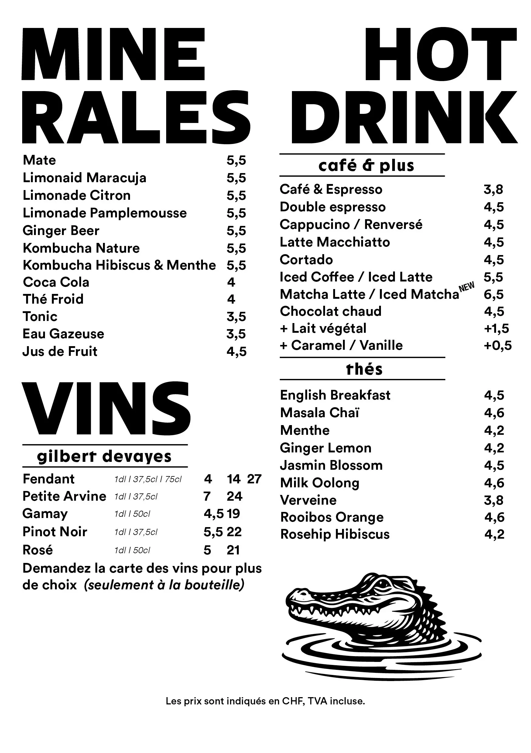 Menu de boissons et vins avec différentes options de boissons chaudes, de vins et de thés, accompagné d'une illustration d'un crocodile.