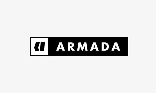 Logo noir et blanc avec le texte 'ARMADA' dans un rectangle noir et des symboles entredeux guillemets 