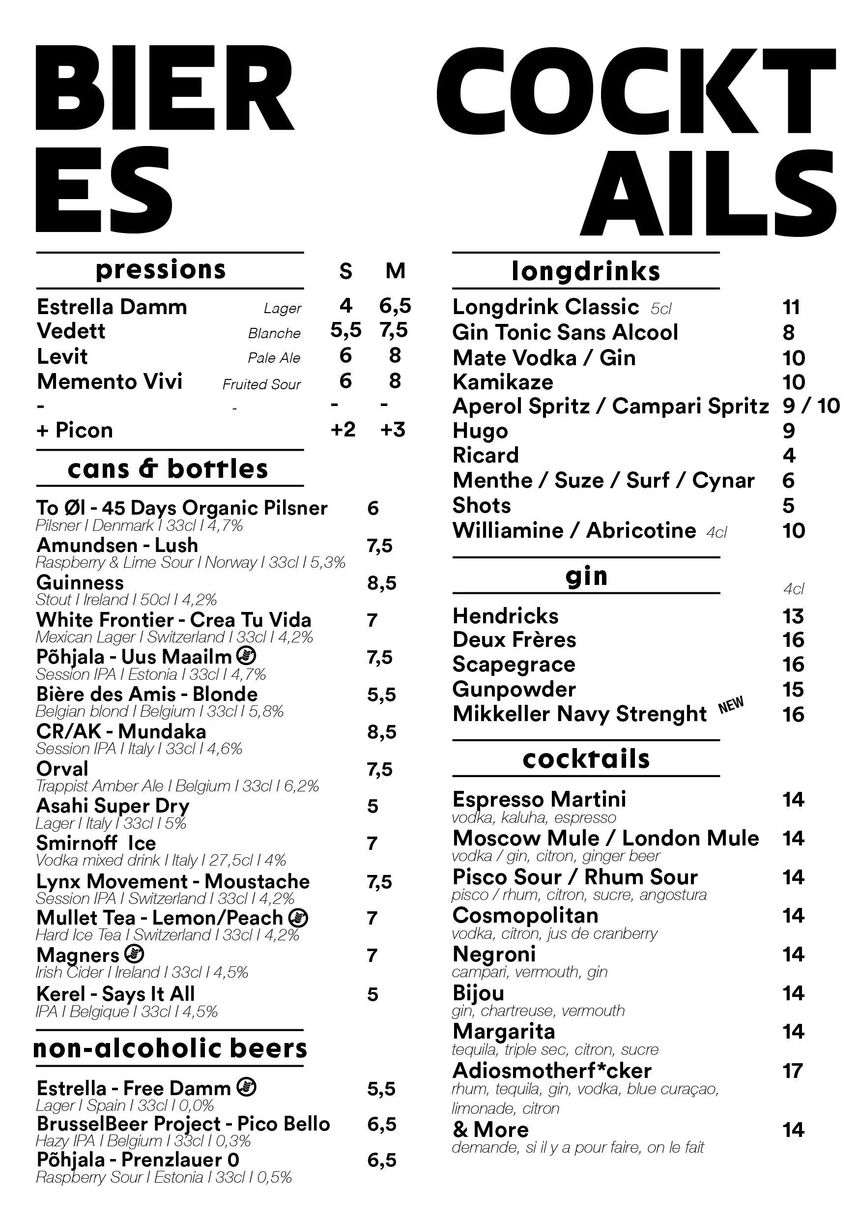 Menu de boissons avec sections pour pressions, canettes et bouteilles, longues boissons, gin, cocktails, non-alcooliques et autres, en français.