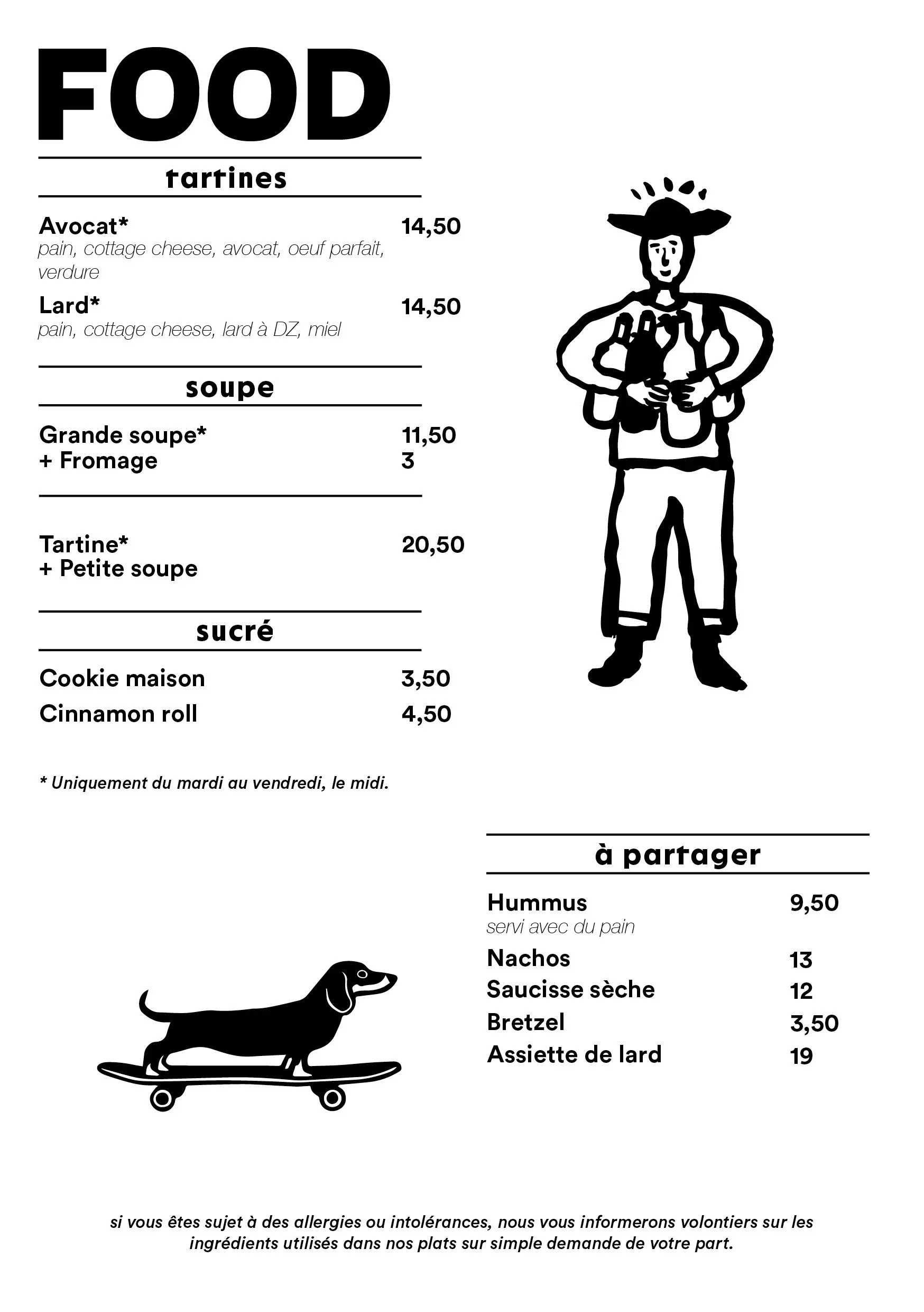 Menu de restaurant avec des options de tartines, soupe, sucré et à partager, avec illustrations d'une personne en cowboy et d'un chien sur une planche à roulettes.