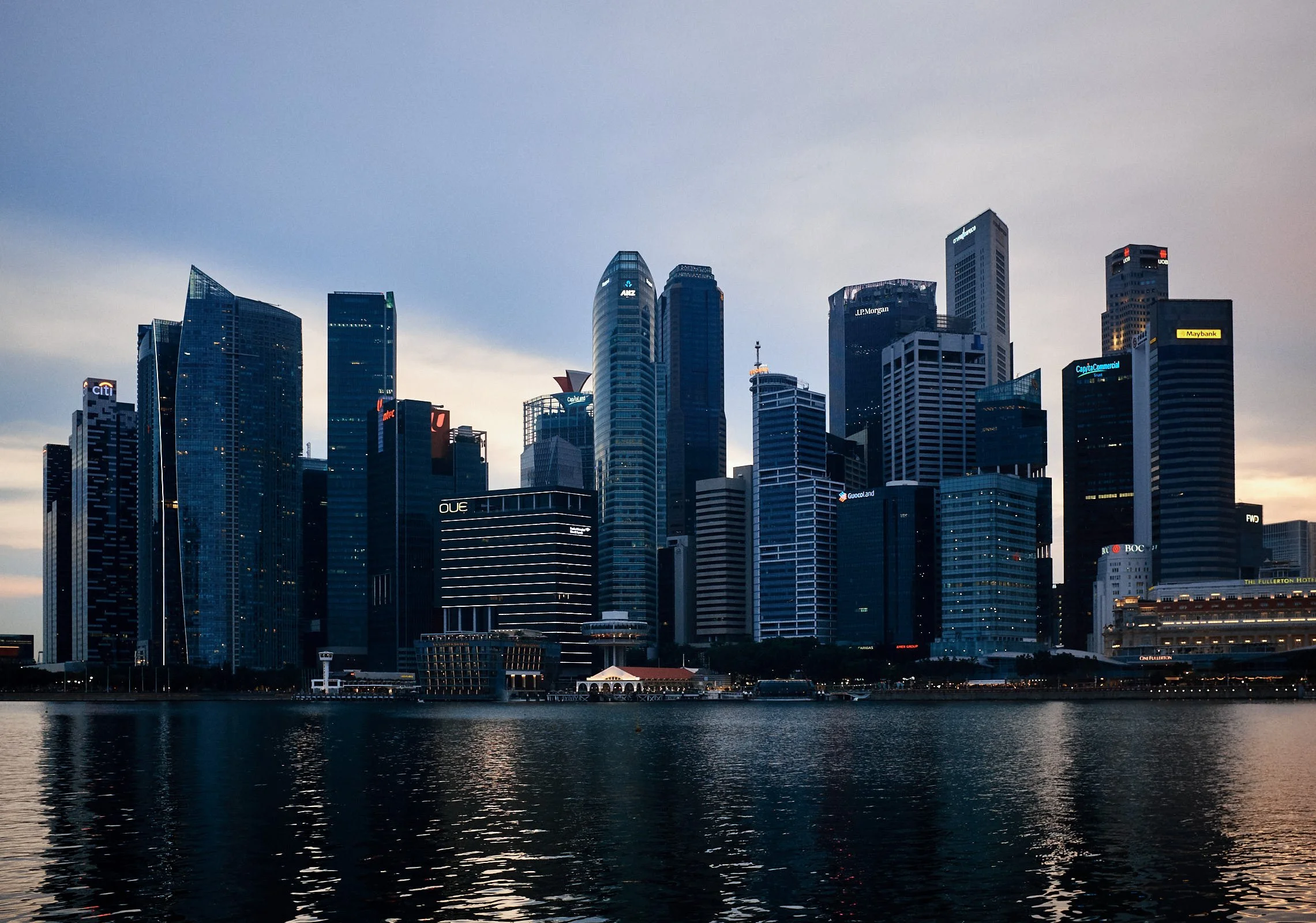 blue hour skyline of downtown singapore