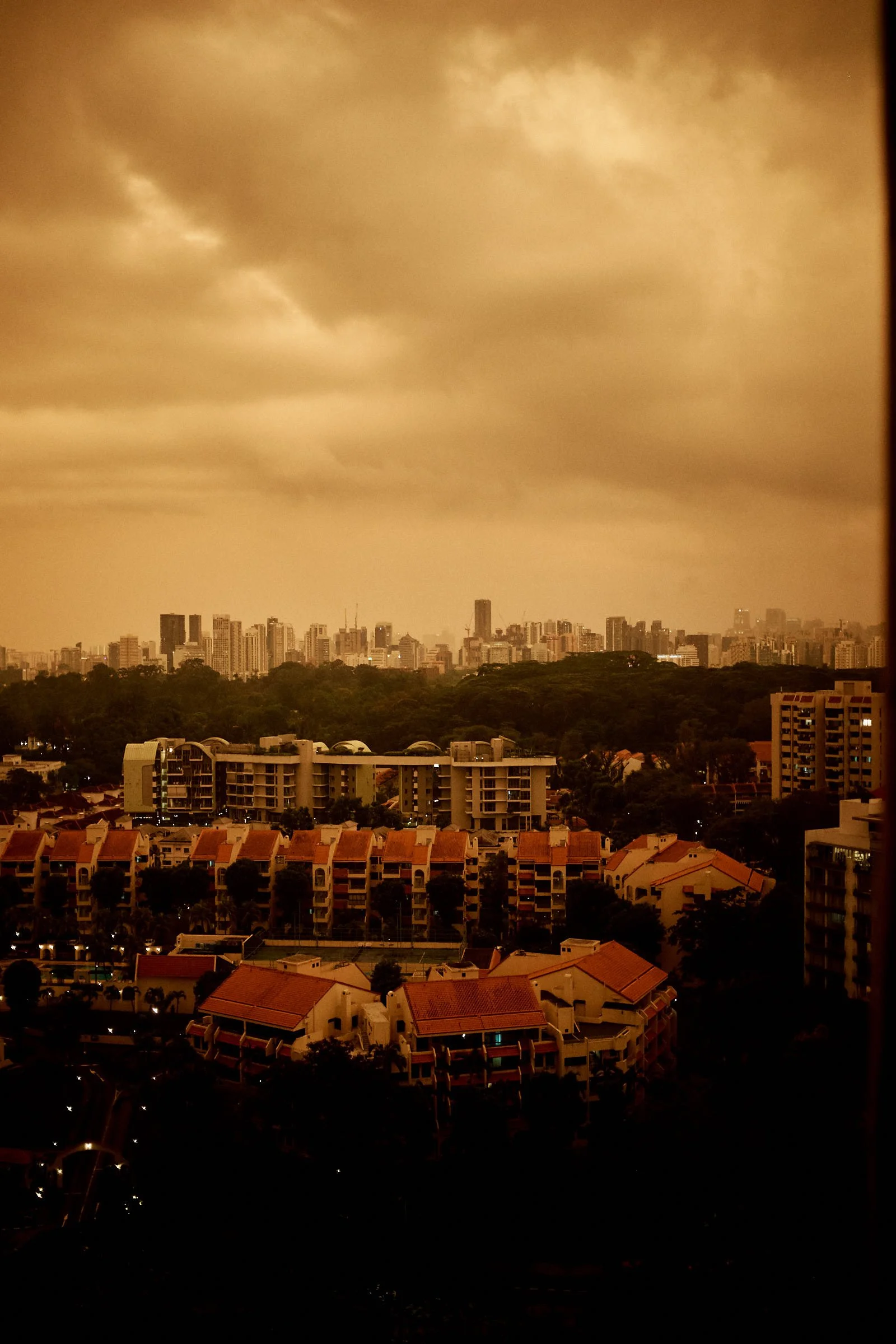 View on finance district during orange light