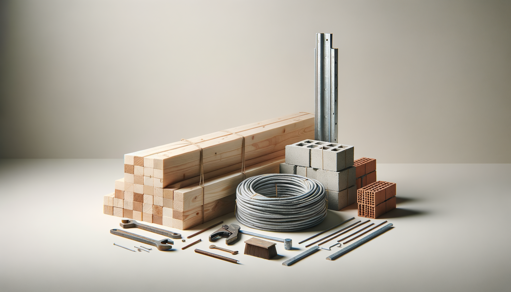 Construction materials for home builds and remodeling, including wooden planks, bricks, concrete, metal slats, wiring, and tools arranged on a surface.