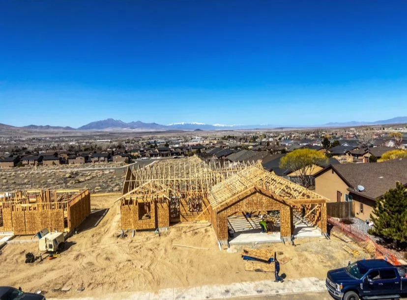 Construction site with wooden framing for new home in Nampa, ID.