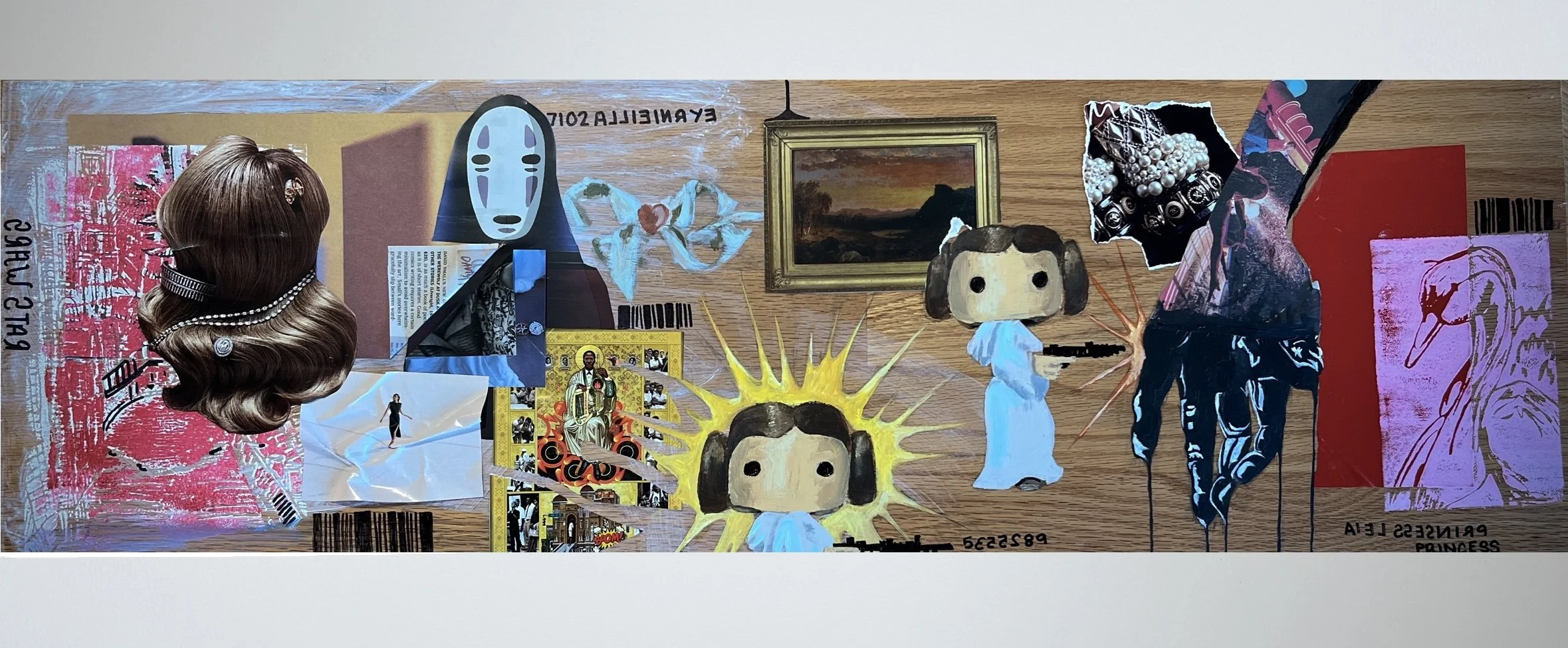 "Bad Movie"
12 x 52 in.     
Wood panel, acrylic paint, 2D print, collage 