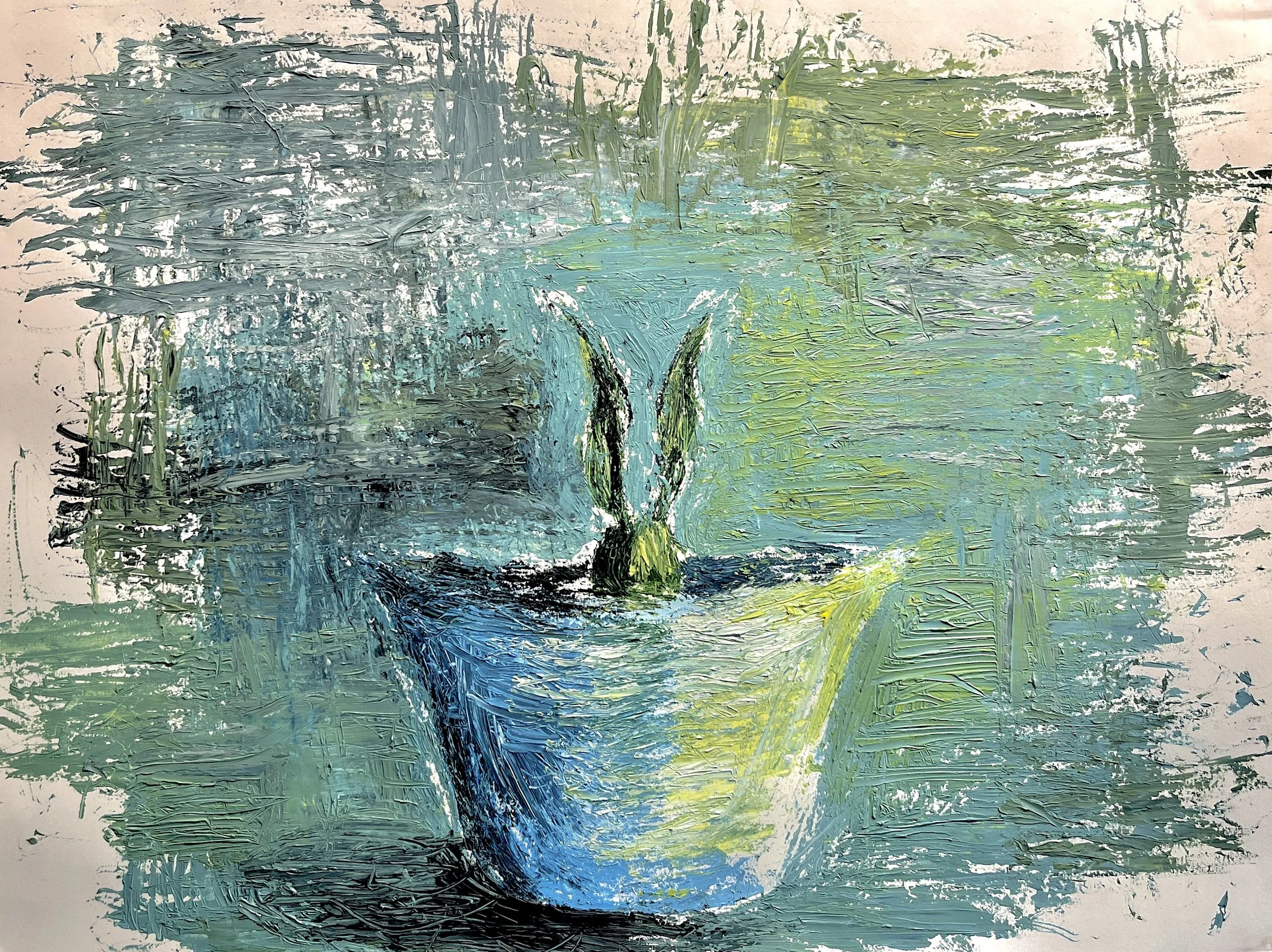 “Opal”
18 x 24 in. 
Acrylic painted entirely with a boba straw and only blue, yellow, and black pigments)
