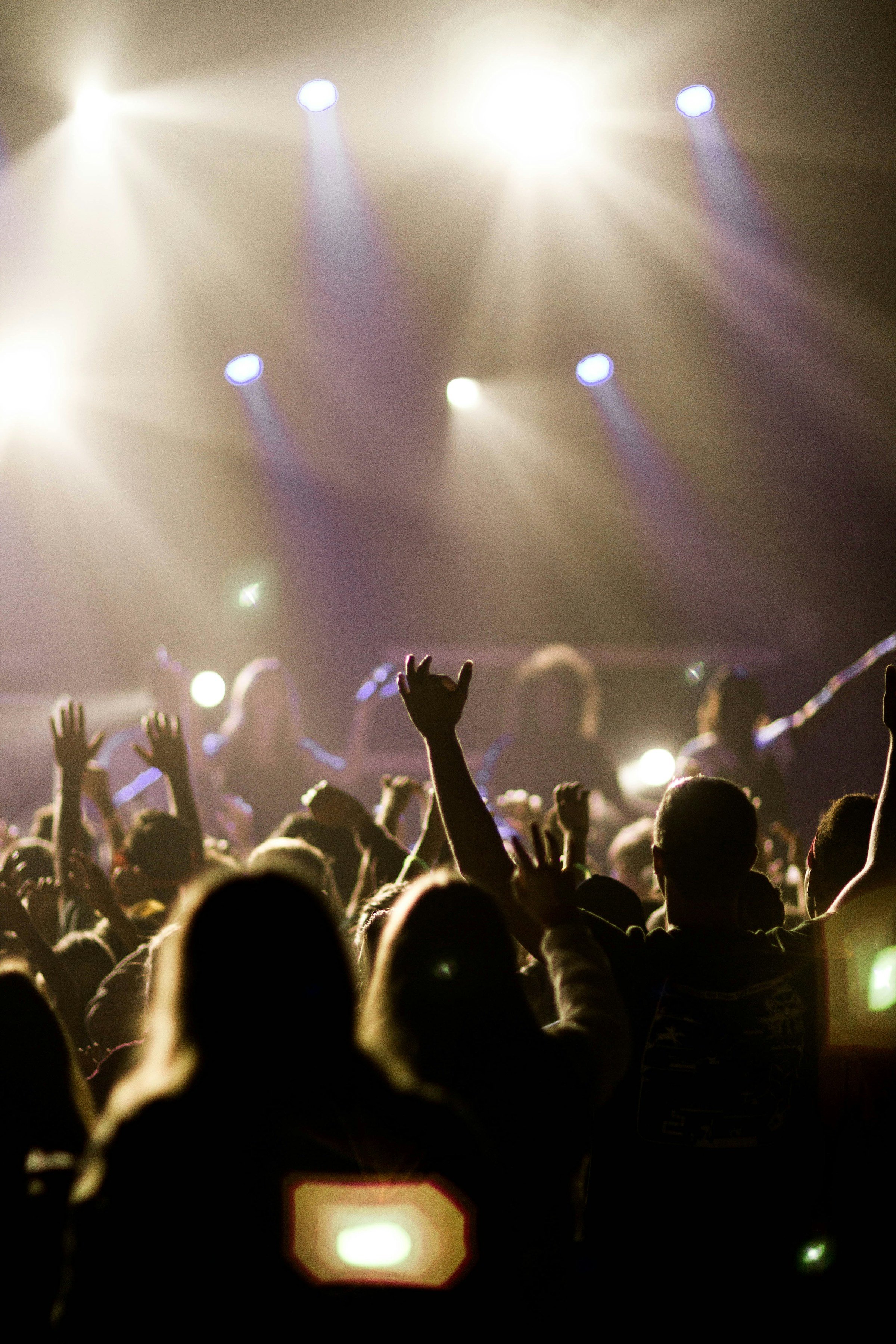 Crowd of people dancing and raising their hands at a concert or music event with bright stage lights overhead.
