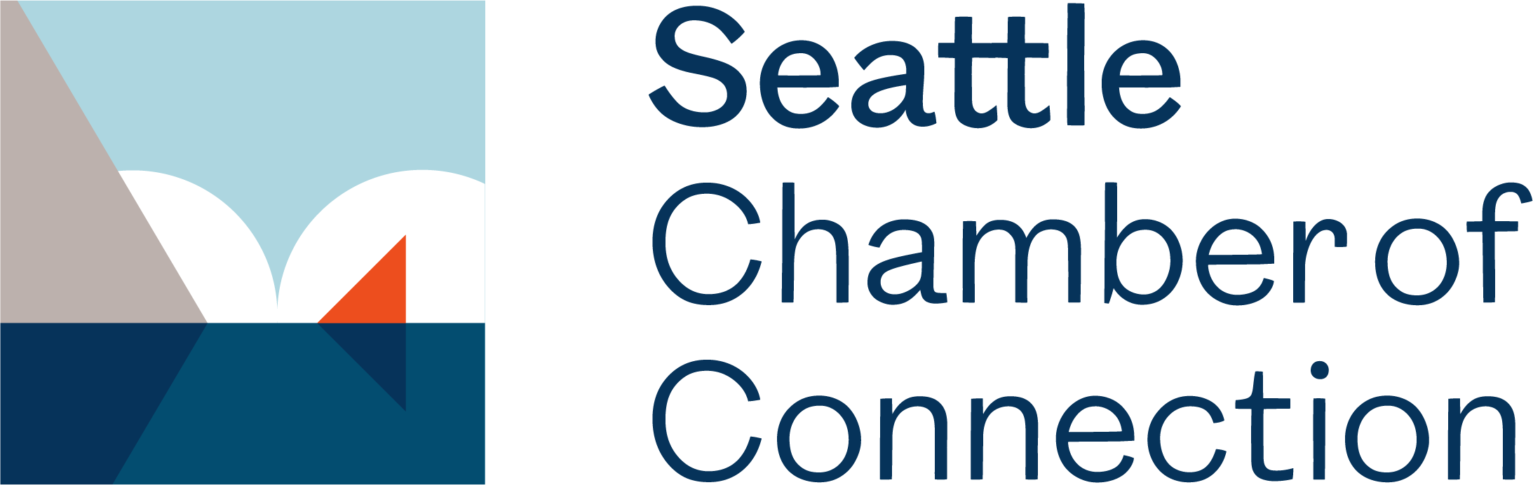 Logo for Seattle Chamber of Commerce with stylized mountain, water, and sailboat graphics.