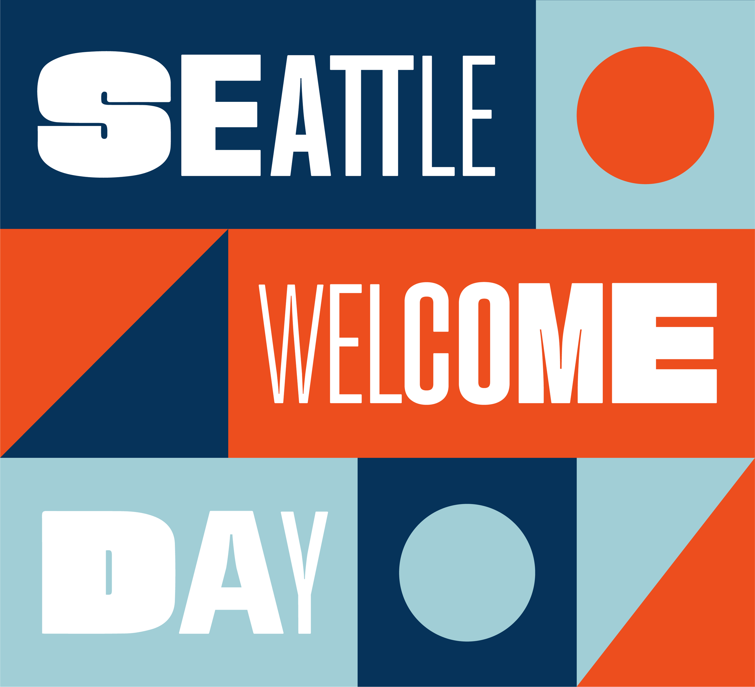 Colorful geometric graphic with the words "Seattle Welcome Day" in bold text.
